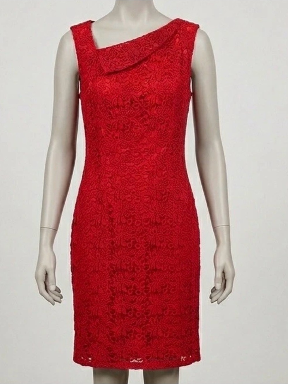 Jones New York Red Lace Dress Sz 6 Asymmetric Neckline Cocktail Wedding Guest